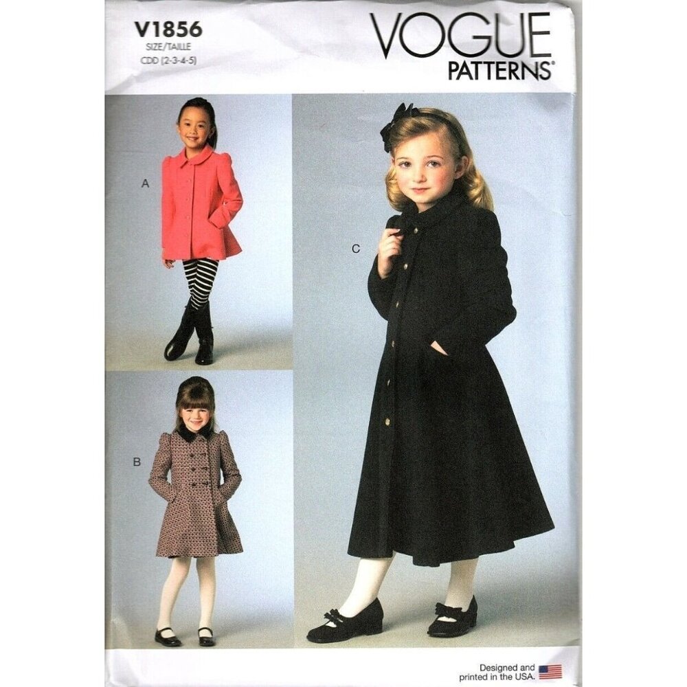 Vogue V1856 Girls 2T to 5 Flared Coats and Jackets Uncut Sewing Pattern New